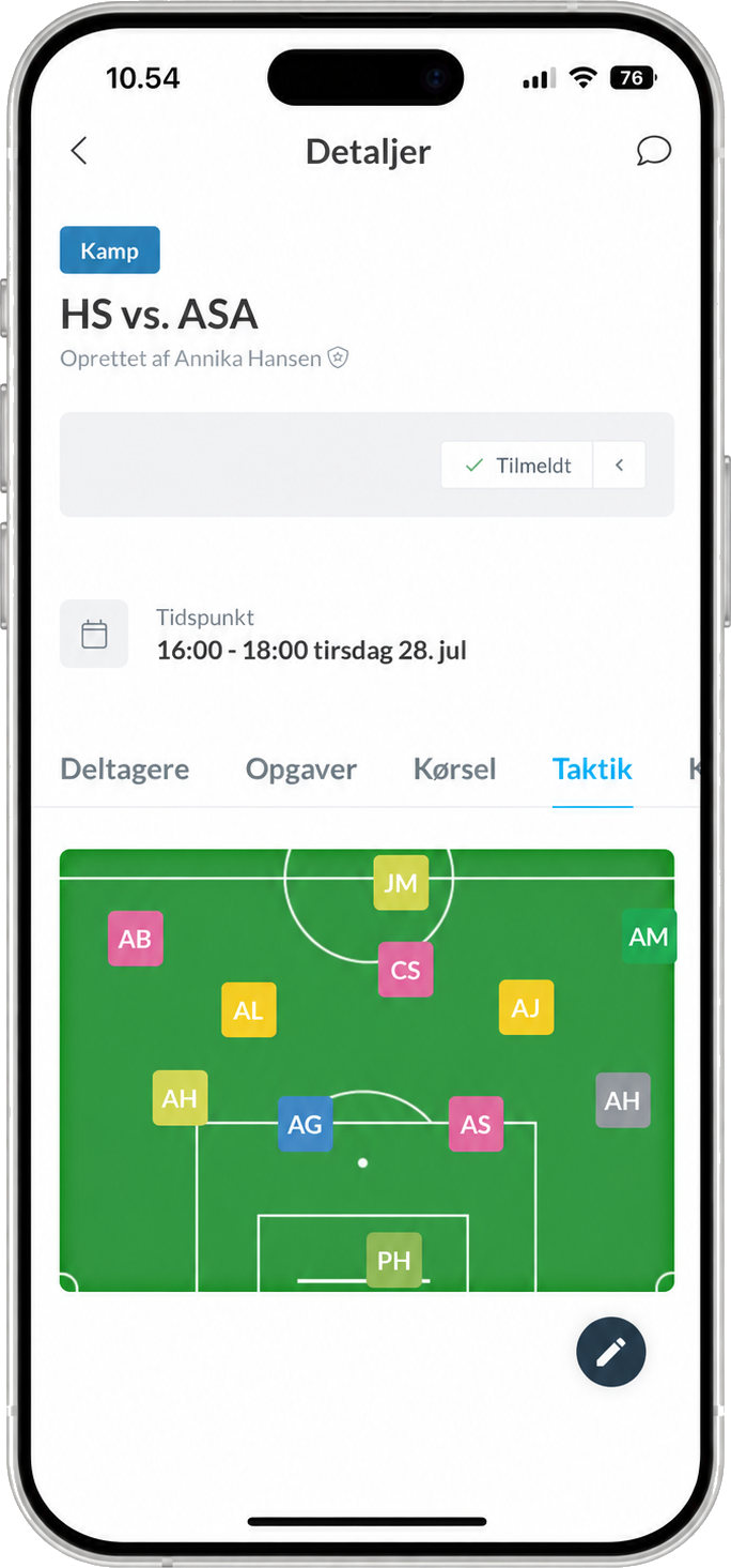 Holdsport-appen: Taktik-fanen med startopstilling til kampen