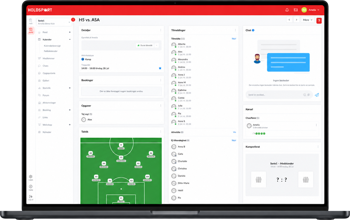 Kampdetaljer i Holdsports webadministration: opstilling på banen, deltagere og resultat